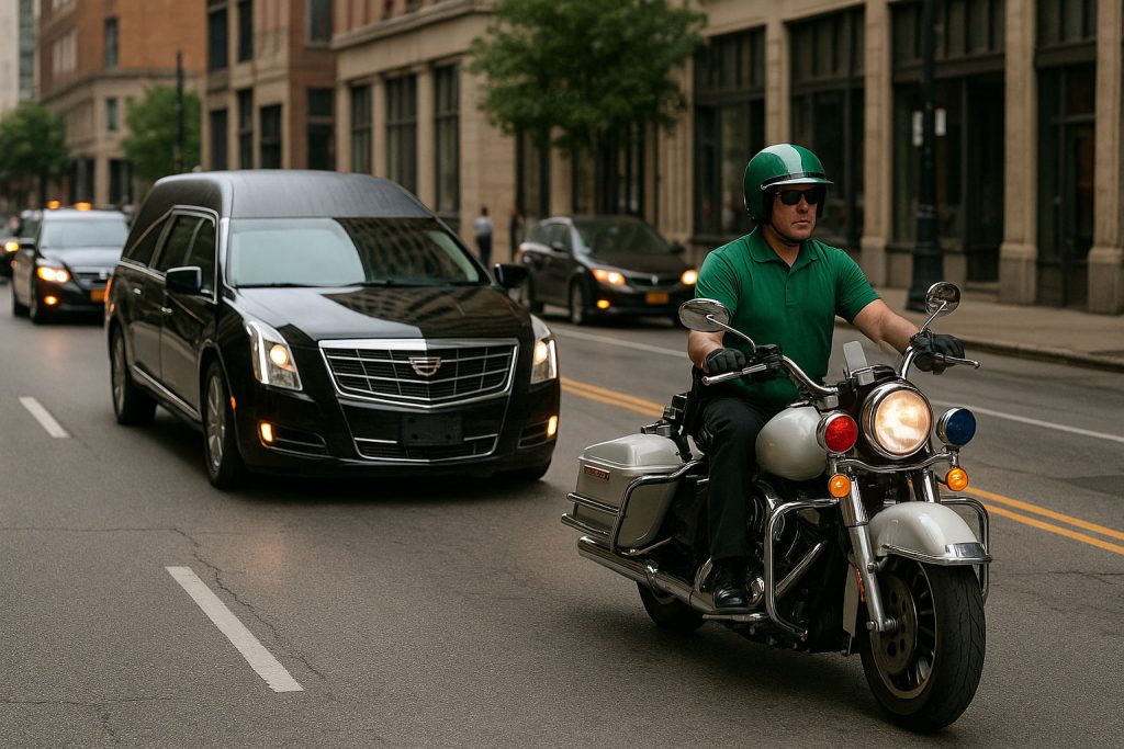 Motorcycle funeral escort leading a procession