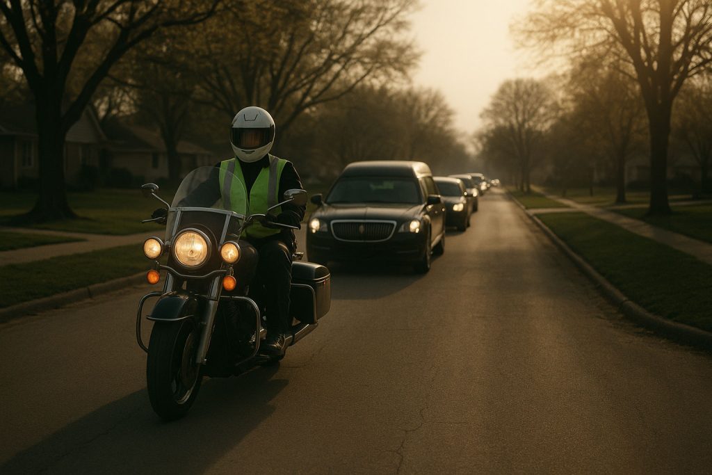 Motorcycle escort rider wearing high-visibility gear leading a funeral procession