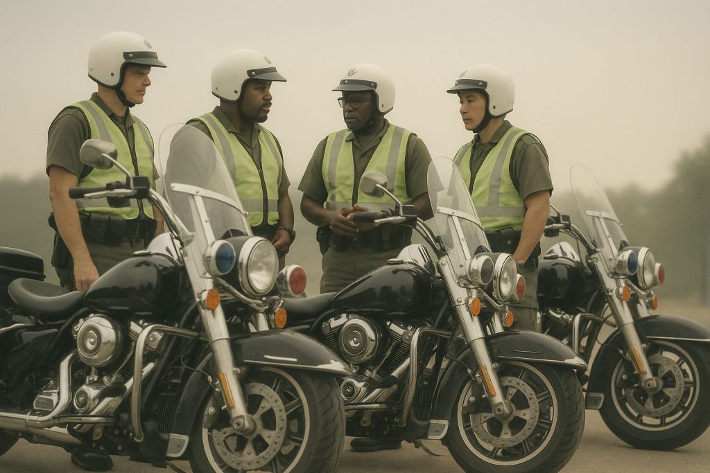 Group of motorcycle escorts having a team meeting
