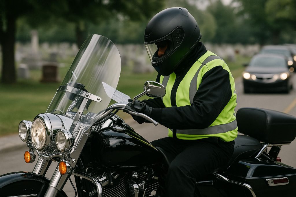 Motorcycle Funeral Escort reviewing map at the cemetery